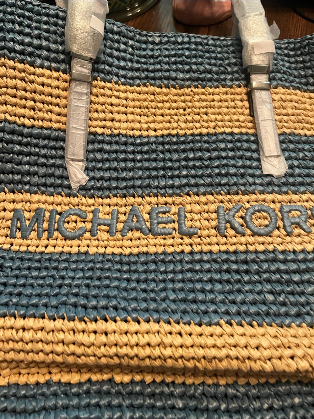 Michael Kors Blue and Yellow Striped Woven Tote brand new - Picture 2 of 7